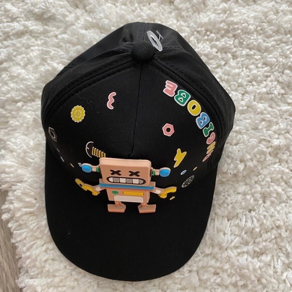 Children's Ball Cap. Black Multi. One Size. Robot Design. Adjustable Velcro. - Picture 2 of 8